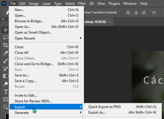 Cách lưu file bằng chức năng "Export as" trên photoshop